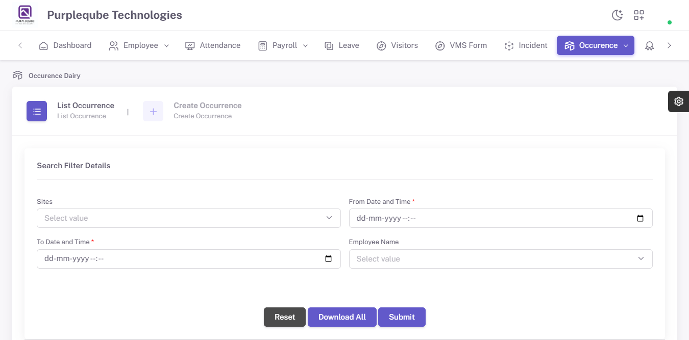 Occurrence Dairy Search Filter